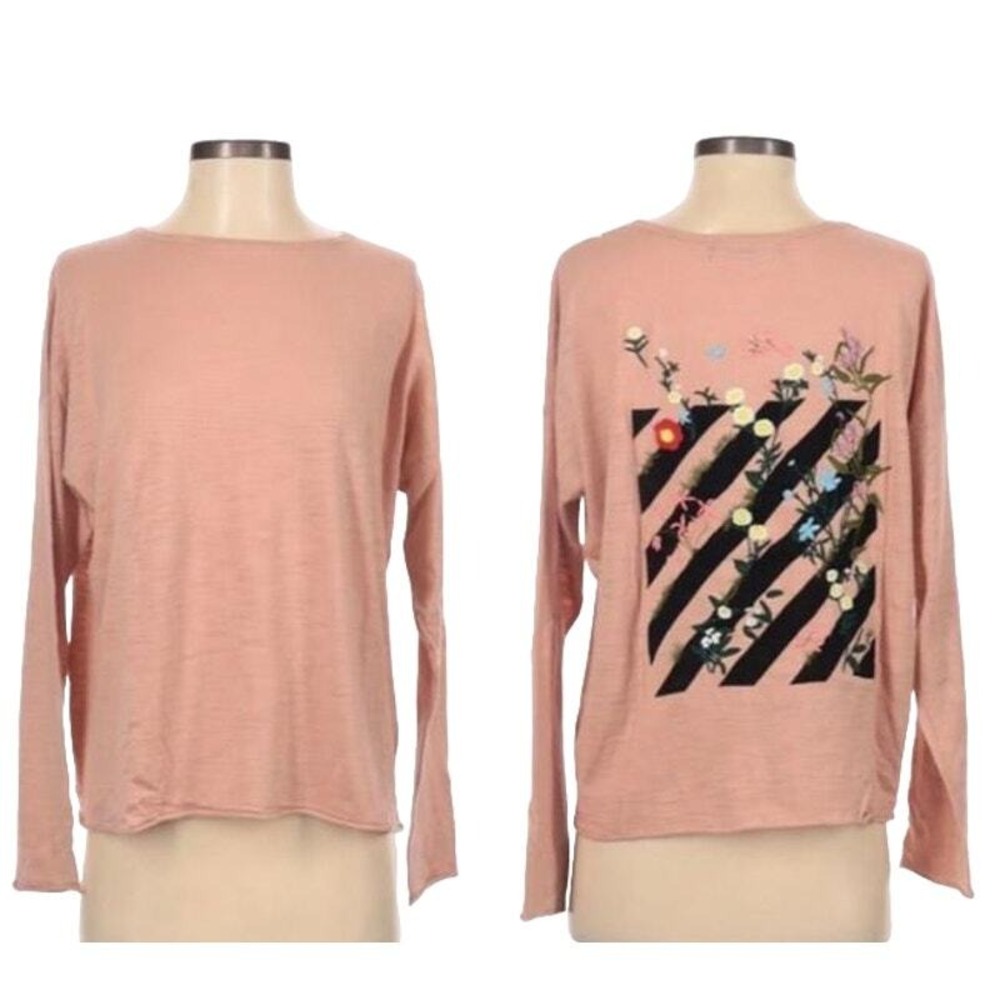 Skull Cashmere Womens Pink Cotton Floral Embroidered Graphic Back‎ Top Size M